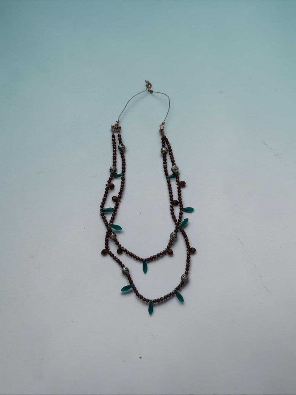🫶🏻 Layered Brown Beaded Necklace with Teal Accents